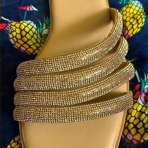 Brand New Steve Madden Rhinestone Multi-Strap Slip-On Sandals Bling Bronze Slide - Picture 5 of 15